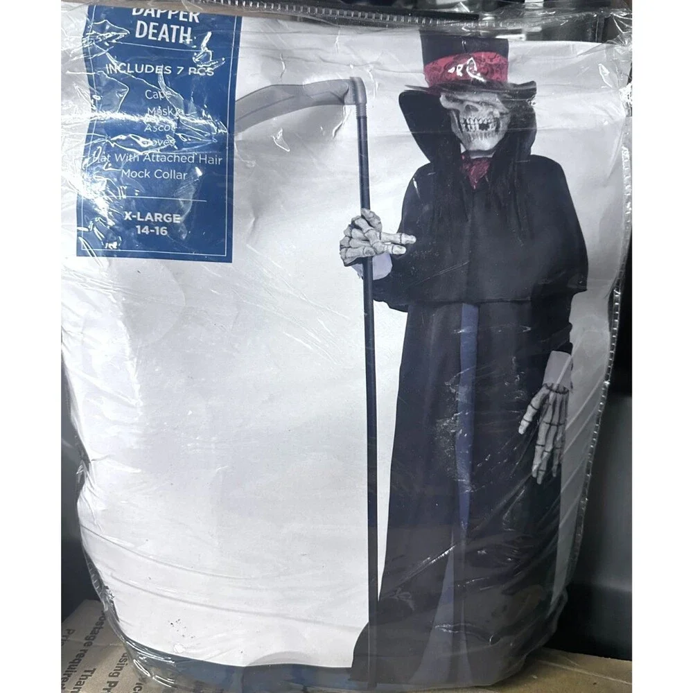 Dapper Death Grim Reaper Halloween Costume Skeleton KIds Child Sz XL 14-16 NEW - Picture 2 of 7